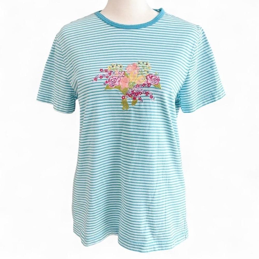 Vintage 90s Bobbie Brooks Blue Striped Floral Embroidered Tee L